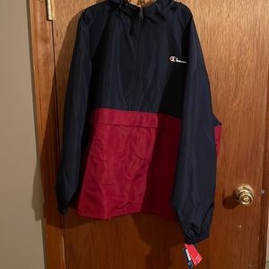 Size: 2XL Mens Champions Windbreaker, Navy Blue and Cherry. Brand New.